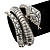 Vintage Inspired Simulated Pearl, Crystal Coiled Snake Hinged Bangle Bracelet In Burn Silver Metal - 19cm Length