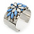 Rhodium Plated Light Blue/ Milky White Acrylic Bead, Crystal Floral Cuff Bangle - up to 19cm Length - view 4