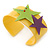Yellow Acrylic Cuff Bracelet With Crystal Double Star Motif (Purple, Light Green) - 19cm L - view 2