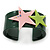 Dark Green Acrylic Cuff Bracelet With Crystal Double Star Motif (Pink, Light Green) - 19cm L - view 2