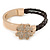 Clear Crystal Clover Bangle Bracelet With Brown Faux Leather Cord In Gold Tone - 17cm L - view 2