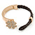 Clear Crystal Clover Bangle Bracelet With Brown Faux Leather Cord In Gold Tone - 17cm L - view 4