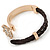 Clear Crystal Clover Bangle Bracelet With Brown Faux Leather Cord In Gold Tone - 17cm L - view 6