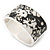 Vintage Inspired Wide Black/ White Floral Print Hinged Bangle Bracelet In Silver Tone - 19cm L - view 3