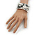 Vintage Inspired Wide Black/ White Floral Print Hinged Bangle Bracelet In Silver Tone - 19cm L - view 2