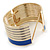 Wide Royal Blue/ White Enamel Stripy Hinged Bangle In Gold Plating - 19cm L - view 3