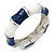 Navy Blue/ White Enamel Segmental Hinged Bangle Bracelet In Rhodium Plating - 19cm L