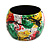 Wide Chunky Wooden Bangle Bracelet in Abstract Paint in Multi - Medium Size