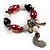 Black And Red Glass Bead Tassel Flex Bracelet (Silver Tone)