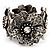 4 Large Diamante Flower Flex Bracelet In Antique Silver Metal - up to 18cm Length - view 4