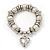 Chunky White Simulated Pearl & Silver Metal Bead 'Heart' Charm Flex Bracelet - 21cm Length