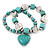 2-Strand Turquoise Stone & Silver Metal Bead 'Heart' Charm Flex Bracelet - 19cm Length