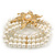 Multistrand White Simulated Glass Pearl 'Flower' Flex Bracelet - up to 20cm Length - view 7