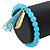 Light Blue Glass Bead Stretch Bracelet with Gold Plated Feather Charm & Silk Tassel - 6mm - Up to 20cm Length - view 3