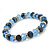 Sky/ Navy Blue Glass Bead With Silver Tone Crystal Ring Stretch Bracelet - up to 21cm Length