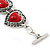 Vintage Inspired 'Hearts' With Red Ceramic Stones Bracelet With T-Bar Closure In Burn Silver Metal - 18cm Length - view 4