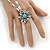 Vintage Inspired Round Turquoise Flower Flex Bracelet With Ring Attached - 20cm Length, Ring Size 7/8 - view 3