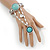 Vintage Inspired Round Turquoise Stone Flex Bracelet With Ring Attached - 20cm Length, Ring Size 7/8 - view 2