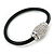 Black Leather Bracelet With Silver Tone Crystal Magnetic Closure - 18cm L - view 3