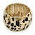 Gold Tone Wide Hammered With Leopard Print Flex Bracelet - 19cm L