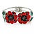 Red/ Black/ Green Enamel, Crystal Poppy Floral Hinged Bangle Bracelet In Silver Tone - 19cm L - view 6