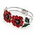 Red/ Black/ Green Enamel, Crystal Poppy Floral Hinged Bangle Bracelet In Silver Tone - 19cm L - view 8