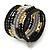 Jet Black Glass, Silver & Gold Tone Acrylic Bead Coiled Flex Bracelet - Adjustable - view 4