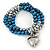 3 Strand Denim Blue Glass Pearl, Metallic Silver Crystal Bead with Puffed Heart Charm Flex Bracelet - 20cm L