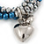 3 Strand Denim Blue Glass Pearl, Metallic Silver Crystal Bead with Puffed Heart Charm Flex Bracelet - 20cm L - view 3