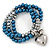 3 Strand Denim Blue Glass Pearl, Metallic Silver Crystal Bead with Puffed Heart Charm Flex Bracelet - 20cm L - view 6