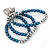 3 Strand Denim Blue Glass Pearl, Metallic Silver Crystal Bead with Puffed Heart Charm Flex Bracelet - 20cm L - view 4