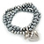 3 Strand Grey Glass Pearl, Metallic Silver Crystal Bead with Puffed Heart Charm Flex Bracelet - 20cm L - view 7