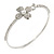 Delicate Clear Crystal, Pearl Flower Thin Bangle Bracelet In Silver Tone - 19cm