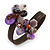 Semiprecious Stone Floral Silver Tone Wire Brown Leather Flex Bracelet (Purple) - Adjustable - view 3