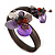 Semiprecious Stone Floral Silver Tone Wire Brown Leather Flex Bracelet (Purple) - Adjustable - view 7