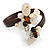 Semiprecious Stone Floral Silver Tone Wire Brown Leather Flex Bracelet (Brown, White) - Adjustable - view 3