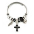 Fancy Charm (Heart, Leaf, Flower, Cross, Crystal Beads) Flex Twisted Cable Cuff Bracelet In Silver Tone Metal - Adjustable - 17cm L
