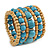 Wide Coiled Ceramic, Acrylic, Wood Bead Bracelet (Light Blue, Natural) - Adjustable - view 3