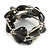 Multistrand Black Glass Heart Bead Coiled Flex Bracelet In Silver Tone - Adjustable