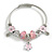 Fancy Charm ( Hearts, Flowers, Glass Beads) Flex Twisted Cable Cuff Bracelet In Silver Tone Metal (Pink) - Adjustable - 18cm L