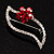 Silver Tone Red Flower Diamante Leaf Brooch