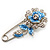 Silver Tone Crystal Rose Safety Pin Brooch (Blue)