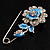 Silver Tone Crystal Rose Safety Pin Brooch (Blue) - view 4