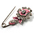 Silver Tone Crystal Rose Safety Pin Brooch (Pink) - view 5