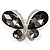Statement Oversized Ash Grey Crystal Butterfly Brooch (Silver Tone)