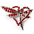 Bright Red Crystal Butterfly And Heart Brooch (Silver Tone)