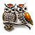 Two Crystal Sitting Owls Brooch (Silver Tone)