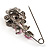 Safety Pin Brooch with Crystal Pink Rose Motif in Silver Tone/ 70mm Long - view 2