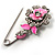 Safety Pin Brooch with Crystal Pink Rose Motif in Silver Tone/ 70mm Long - view 7