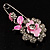 Safety Pin Brooch with Crystal Pink Rose Motif in Silver Tone/ 70mm Long - view 3